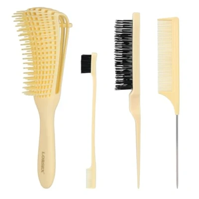 Abbildung von LORSEX Haarbürste, Entwirrbürste für Naturhaar Afro Haare 3a bis 4c Verworrenes, Welliges, Lockiges Haar, mit 3 Stück Toupier Bürste Set Doppelkanten und Kamm (Hellgelb)