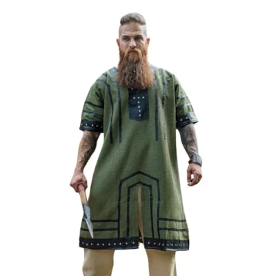 Abbildung von Leonardo Carbone® Wikinger Tunika Rollo Mittelalter Hemd Herren, Freizeithemden Kurzarm, Karneval Kostüm Tunika, LARP Kleidung 100% Baumwolle mit Leder Applikationen Grün XL