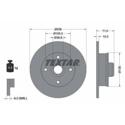 Abbildung von TEXTAR PRO 92041803 Bremsscheibe 226 10 04/04 100 voll beschichtet ohne Radbefestigungsbolzen, mit Radnabe VOLKSWAGEN: GOLF 3, 2