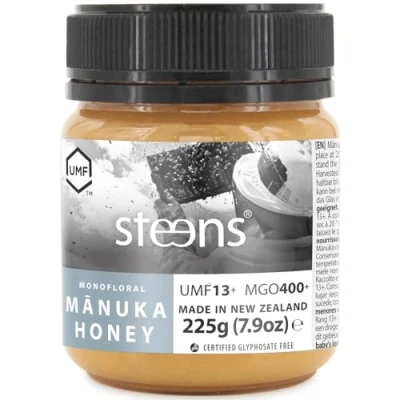 Abbildung von Steens Manuka Honey MGO 400 + 225 g rein roher 100% zertifizierter UMF 13+ Honig abgefüllt und versiegelt in Neuseeland