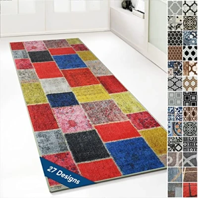 Abbildung von Floordirekt Teppichläufer mit Muster maßgefertigter Feinschlingen Teppich Läufer für Küche, Flur &amp; Wohnraum Ornament Vintage Orient Gitter (80 x 450 cm, Monsano Bunt)