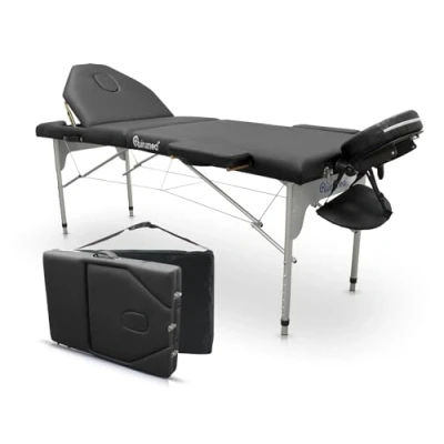 Abbildung von QUIRUMED Pro Klappmassageliege aus Aluminium, 186 x 66 cm, mit klappbarer Rückenlehne, Schwarze Farbe, Kunstleder, Gesichtsloch, Abnehmbarer Kopf, höhenverstellbar, 2 Abschnitte, bis 150 kg