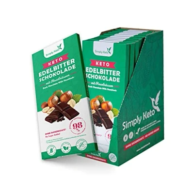 Abbildung von Simply Keto Lower Carb* Schokolade mit Haselnüssen &amp; 60% Kakao Edelbitter ohne Zuckerzusatz Gesüßt Erythrit statt Zucker Nur 4g Net Carbs pro 100g Glutenfrei Vegan, 12 x 125g