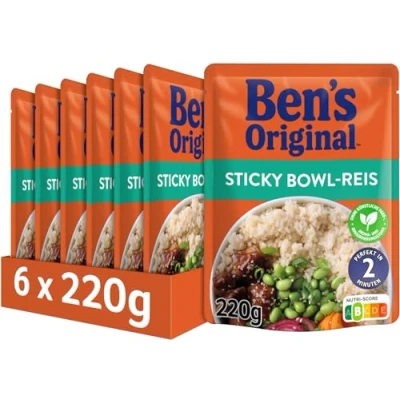 Abbildung von BEN&#039;S ORIGINAL Express Reis Sticky Bowl Reis, ideale Zubereitung von Gerichten in der Pfanne, 6 Packungen (6 x 220g)