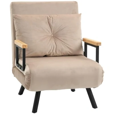 Abbildung von HOMCOM Schlafsofa, Klappbett mit Bettfunktion, Relaxsessel Rückenkissen, Polstersofa Verstellbarer Rückenlehne, Samtoptik, 63 x 73 81 cm, Beige
