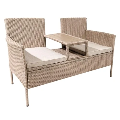 Abbildung von riess ambiente Gartenbank PORTOFINO 140cm natur / beige (Einzelartikel, 1 St), Polyrattan · Balkon Terrasse Outdoor 2 Sitzer mit Tisch &amp; Kissen