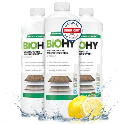 Abbildung von BiOHY Wischroboter Reinigungsmittel (3 x 1 Liter) Bodenreiniger Mittel für Holzböden Laminat &amp; Parkettpflege streifenfreier Glanz auf wasserfestem Holz schaumarmes Konzentrat