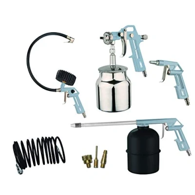 Abbildung von ABAC 8 teiliges Kompressor Zubehörset G 810AL BL, Inklusive Reifenfüller mit Manometer, Ausblaspistole, Farbspritzpistole 850ml, Waschpistole 900ml, 5m Spiralschlauch