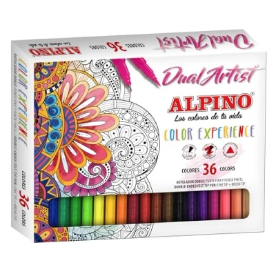 Abbildung von Alpino Color Experience 36 Dual Artist Marker Pens mit zwei Spitzen: Brush Tip und Fine Lettering Mandala Kit
