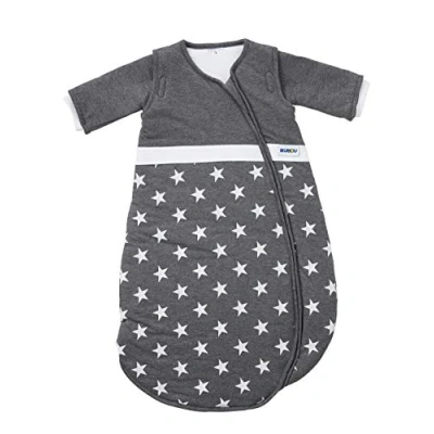 Abbildung von Gesslein Baby Schlafsack Bubou, Ganzjahres mit Temperaturregulierung (Langer Reißverschluss, 110), dunkelgrau weiß Stern Motiv