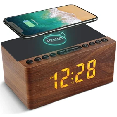 Abbildung von ANJANK Digitaler Radiowecker aus Holz mit Kabelloser Ladestation，10W Fast Wireless Charger for iPhone/Samsung Galaxy，LED Display 5 stufiger Dimmer,USB Ladeanschluss,Uhrenradio ohne Ticken, Braun