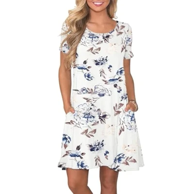 Abbildung von AUSELILY Damen Kleider Sommer Kurzarm Shirtkleider Kurz Sommerkleider Leicht Freizeitkleid mit Taschen Blumenweiß S