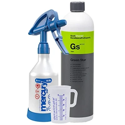 Abbildung von detailmate Set aus Kwazar 360 Grad Sprühflasche, Koch Chemie Green Star Universalreiniger 1L Messbecher 50 ml