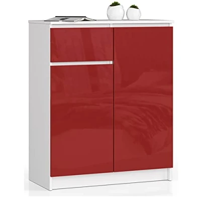 Abbildung von AKORD Kommode K80 2D1SZ mit 2 Türen und 1 Schublade für das Wohnzimmer Schlafzimmer Schrank Büro Arbeitszimmer Modernes Funktionales Design B80 x H99 T40 cm, Gewicht 34kg Weiß/Rot Glänzend