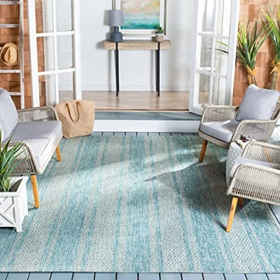 Abbildung von SAFAVIEH Zeitgenössische Teppich für Wohnzimmer, Esszimmer, Schlafzimmer Courtyard Collection, Kurzer Flor, Hellgrau und Aqua, 201 X 290 cm
