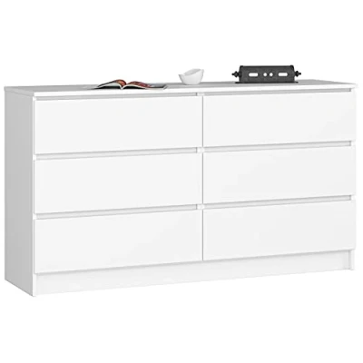 Abbildung von AKORD Kommode K 140 mit 6 (2 x 3) Schubladen für das Wohnzimmer Schlafzimmer Schrank Büro Arbeitszimmer Modernes Funktionales Design B138 H77 T40 cm, Gewicht 51kg Weiß