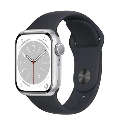 Abbildung von Apple Watch Series 8 (GPS, 41MM) Silber Aluminiumgehäuse mit Mitternacht Sportarmband (Generalüberholt)