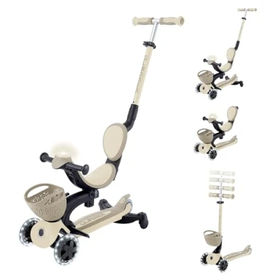 Abbildung von Globber GOUP Baby 360 Lights Skalierbarer Tretroller, 3 Räder mit Sitz und Rückenlehne, für Kinder von 15 Monaten bis 6 Jahren, Taupe