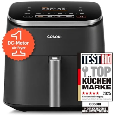 Abbildung von Cosori Turboblaze Airfryer Heißluftfritteuse, 9 in 1 Air Fryer XXL 6L, leiser DC Motor mit 5 Geschwindigkeitsstufen, Grillen, Backen, Gären, Dehydrieren, Tiefkühlen, 87 Rezepte, 64% energiesparend