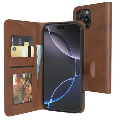 Abbildung von EAZY Case Klapphülle für iPhone 16 Pro Max Hülle klappbar mit Kameraschutz Schutzhülle Magnet Flip Ständer Kunstleder Klapptasche Kartenfach Sichtfenster Foto Premium Handyhülle Rot Braun
