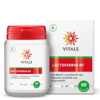 Abbildung von Vitals Lactoferrin BT 60 Kapseln mit Biotis® von höchster Qualität aus Frischmilch. 200 mg reinem pro Kapsel(magensaftresistenten)
