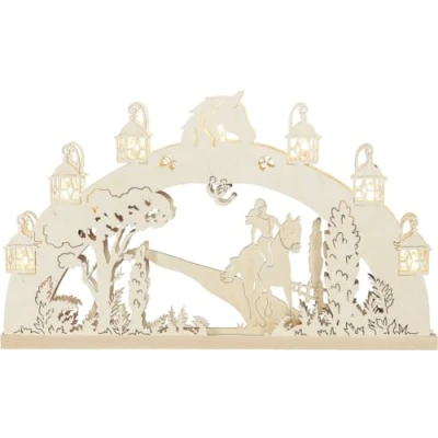 Abbildung von Rudolphs Schatzkiste Schwibbogen Reiterin auf Pferd LED Natur BxHxT 52x31x4,5cm NEU Lichterbogen Fensterbogen Spitzbogen Erzgebirge Weihnachten Bergbau Bergmann Licht Holz Dekoration Beleuchtung
