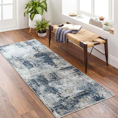 Abbildung von Surya Paris Teppich Läufer Modern Abstrakt Design in Marmor Optik für Esszimmer, Schlafzimmer, Wohnzimmerteppich weicher Groß 80x220cm, Blau, Grau, Beige