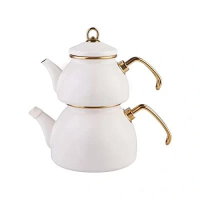 Abbildung von Karaca Retro Emaillien Teekannen Set, türkisches Teekannenset, Teekocher, Induktionsgeeignet, 2,3 Liter creme