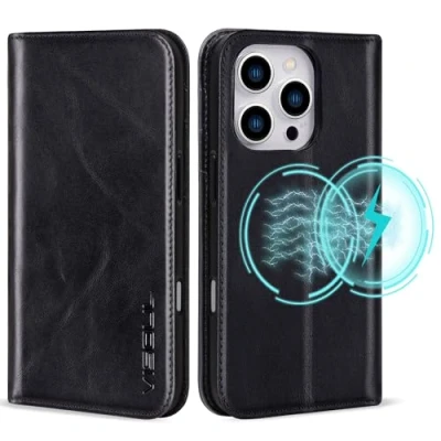 Abbildung von VS VISOUL Hülle für iPhone 16 Pro,Schutzhülle Echt Leder Schützt vor Stoß Kartenfach Magnetverschluss Stand klappbar handyhülle Handytasche Etui Case Pro Schwarz A