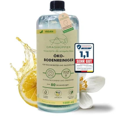 Abbildung von GRASHÜPFER® Wischroboter Reinigungsmittel Öko Bodenreiniger 1000 ml Konzentrat für mind. 80 Anwendungen &quot;Zitrusblüte Duft&quot; I kompatibel mit allen Wisch und Saugrobotern
