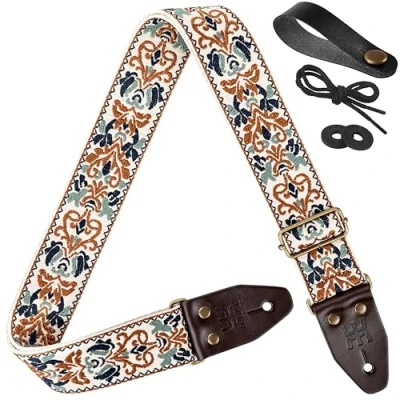 Abbildung von Amumu Gitarrengurt Blume des Lebens Stickerei Top Grain Leder für Bass, Elektro &amp; Akustik (weiß), Weiss/opulenter Garten, 37.5“ 64“