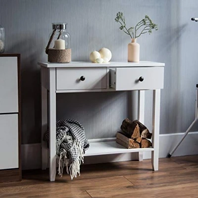 Abbildung von Vida Design Windsor Konsolentisch mit 2 Schubladen und Regalfach, weiß, Holz, für Flur, Wohnzimmer, Schlafzimmer, Ankleidekommode, Schreibtischmöbel