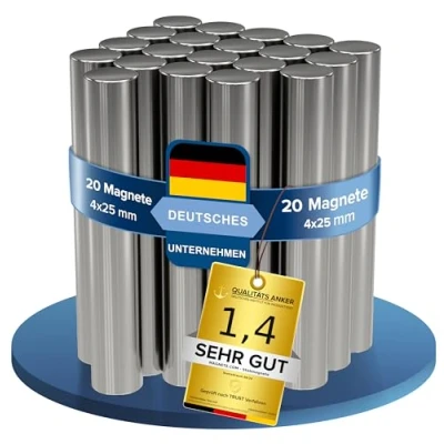 Abbildung von 20x Neodym Power Magnet Silber Stabmagnet extra stark lang Durchmesser 4x25mm Starke Magneten Supermagnet Haftkraft ca. 0,8 kg Magnete für Whiteboard, Pinnwand, Magnettafel, Werkstatt