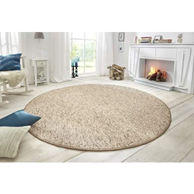 Abbildung von BT Carpet Wolly Teppich Rund Wohnzimmerteppich Flachgewebe Kurzflor Woll Optik Wolle Skandi Look Esszimmer, Wohnzimmer, Kinderzimmer, Schlafzimmer Creme, 133cm