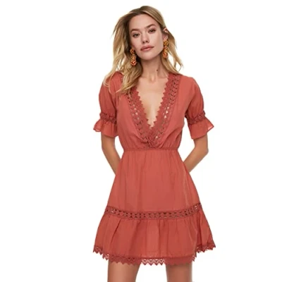 Abbildung von TRENDYOL Damen Lace Striped Beach Dress, Brown, 36 EU