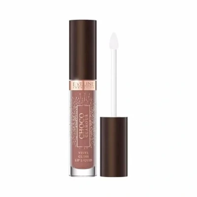 Abbildung von Eveline Lipgloss Choco Glamour, flüssiger Lippenstift mit Glanzfinish für Vinyl Lippen, vegane Formel Kakaoextrakt, 1 x 4,5 ml Nr. 01 Ruby Schokolade
