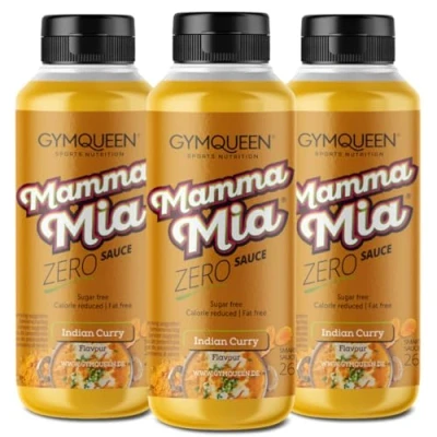 Abbildung von GymQueen Mamma Mia Zero Sauce 3x265ml, kalorienarm, ohne Fett &amp; Zucker, zum Verfeinern von Gerichten oder als Salat Dressing, vegetarisch und laktosefrei, Indian Curry