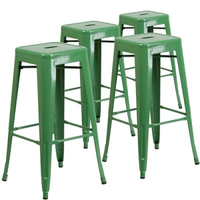 Abbildung von Flash Furniture Lily Barhocker aus Metall, kommerzielle Qualität, 76,2 cm hoch, rückenfrei, für drinnen und draußen, mit quadratischem Sitz, Grün, 4 Stück