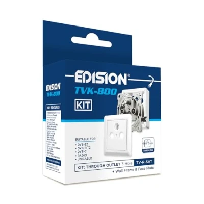 Abbildung von EDISION Antennendose SAT TVK 800 Kit: Durchgangsdose TV R unterputz/aufputz 3 Loch inkl. Abdeckung und Aufputz Rahmen, DVB S2, Unicable, T/T2, C, Radio, FM, DAB+, DC Pass, Ausgänge