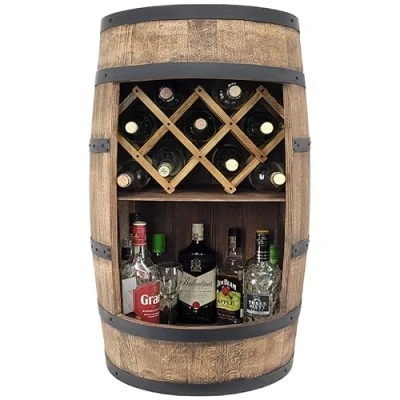 Abbildung von weeco Holzfass mit Weinhalter Weinregal Fass Holz Alkohol Schrank Barschrank 80cm. Deko Regal Hausbar Theke Fassmöbel Geschenk. Rustikale Kommode Weinschrank