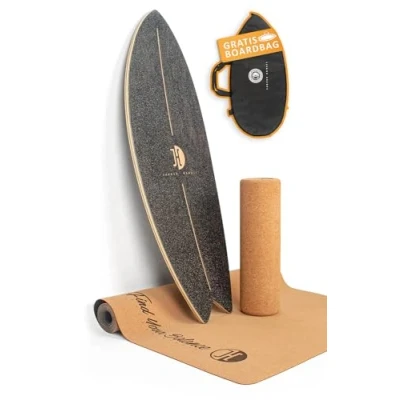 Abbildung von JUCKER HAWAII Balanceboard Ocean Rocker Black Geschwungenes Indoor Surf Balance Board mit Shape und Trickboard Korkrolle Matte