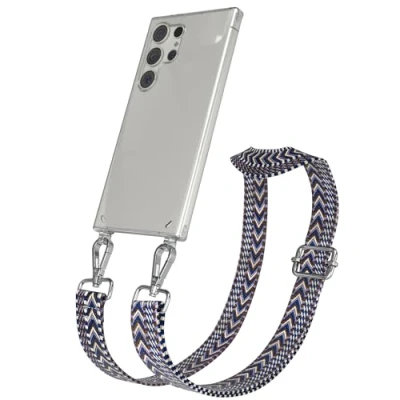 Abbildung von EAZY CASE Handykette mit verstellbarem Trageriemen kompatibel Samsung Galaxy S24 Ultra Taschengurt transparenter Handyhülle für Hülle Schulterriemen in Blau Weiß Silber