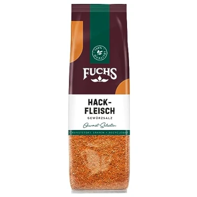 Abbildung von Fuchs Gewürze Hackfleisch Gewürzsalz im recyclebaren Nachfüllbeutel, Salz zum Würzen von Frikadellen, Burgerpatties, vegetarischen Bratlingen 100 g