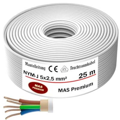 Abbildung von MAS Premium Feuchtraumkabel Stromkabel 5 200m Mantelleitung NYM J 3x1, 2,5 4 6 10 oder 5x1,5 16 Elektrokabel für feste Verlegung (NYM 5x2,5 mm², 25m)