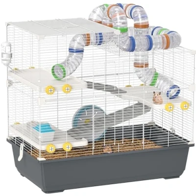 Abbildung von PawHut Hamsterkäfig 4 Etagen Nagerkäfig Kleintierkäfig mit Laufrad Futternapf Tunnel Hütte Obertür, Kleintierstall Käfig für Hamster Syrischer 78 x 45 73 cm, Grau