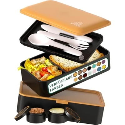 Abbildung von Umami Lunchbox Erwachsene, Auslaufsichere Bento Box mit Fächern und 4 Bestecke, Brotdose Salatbehälter To Go, Lunch für Picknick/Büro, Blau &amp; Gold, 1200 ml
