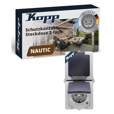 Abbildung von Kopp Nautic 2 fach Schutzkontakt Steckdose mit Klappdeckel und erhöhtem Berührungsschutz, Aufputz Feuchtraum, senkrecht, 16A, 250V/AC, IP44, grau, 136956008