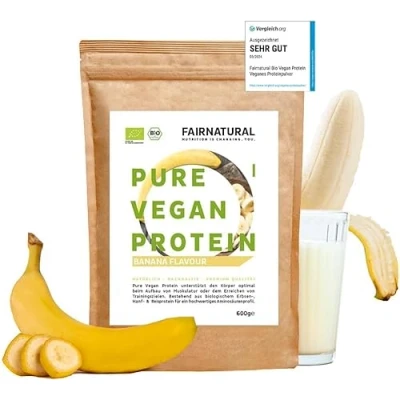 Abbildung von VEGAN Protein Pulver Bio Banane, Veganes Proteinpulver ohne Soja &amp; Chemie [Regional aus Deutschland] 5K pflanzliches Premium » Zum Backen als Eiweiß Shake « 600g Eiweißpulver