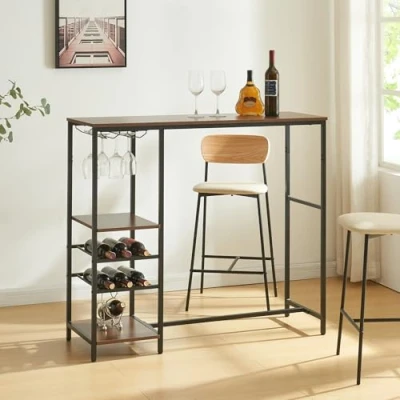 Abbildung von [en.casa] Bartisch Stjørdal Stehtisch mit Flaschenregal Küchentisch 120 x 40 105 cm Bistrotisch Metallgestell Küchentheke Schwarz/Walnussoptik