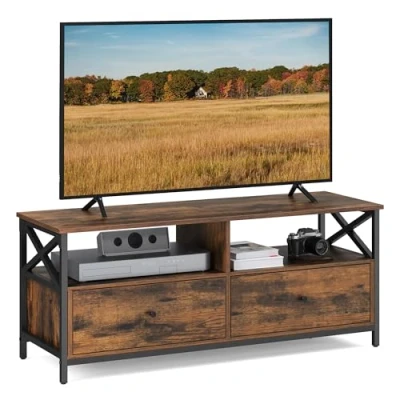 Abbildung von VASAGLE TV Schrank, Lowboard für Fernseher bis zu 55 Zoll, 120 cm lang, Fernsehtisch mit 2 Schubladen, offenen Fächern, 40 x 50 cm, Wohnzimmer, Stahlgestell, vintagebraun schwarz LTV300B01